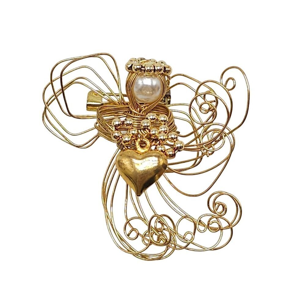 La Bona Angelica Handmade Gold Wire Heart Brooch With Pearl & Beaded Details